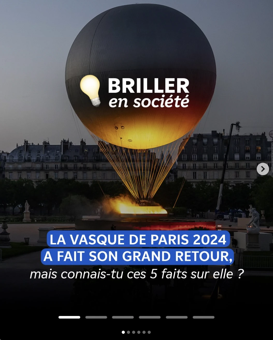 Carrousel Instagram EDF « Briller en société » sur le retour de la Vasque de Paris 2024.