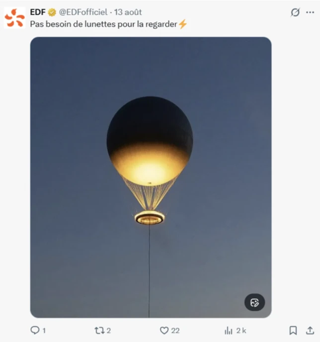 Publication EDF sur X montrant la Vasque et le texte « Pas besoin de lunettes pour la regarder ».