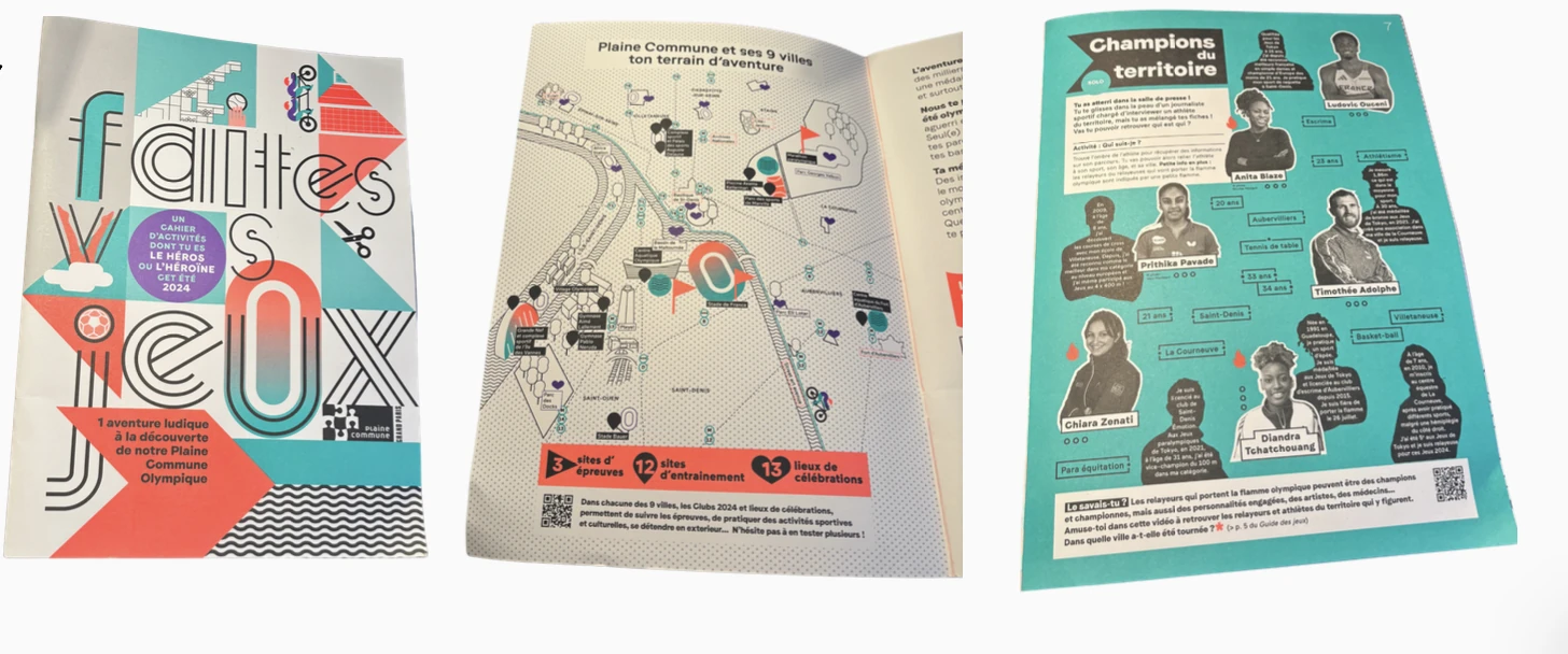 Couverture et pages intérieures du cahier de vacances Plaine Commune consacré aux Jeux de Paris 2024.