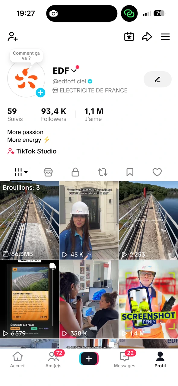 Capture du compte TikTok EDF, avec sa présentation et sa grille de contenus.